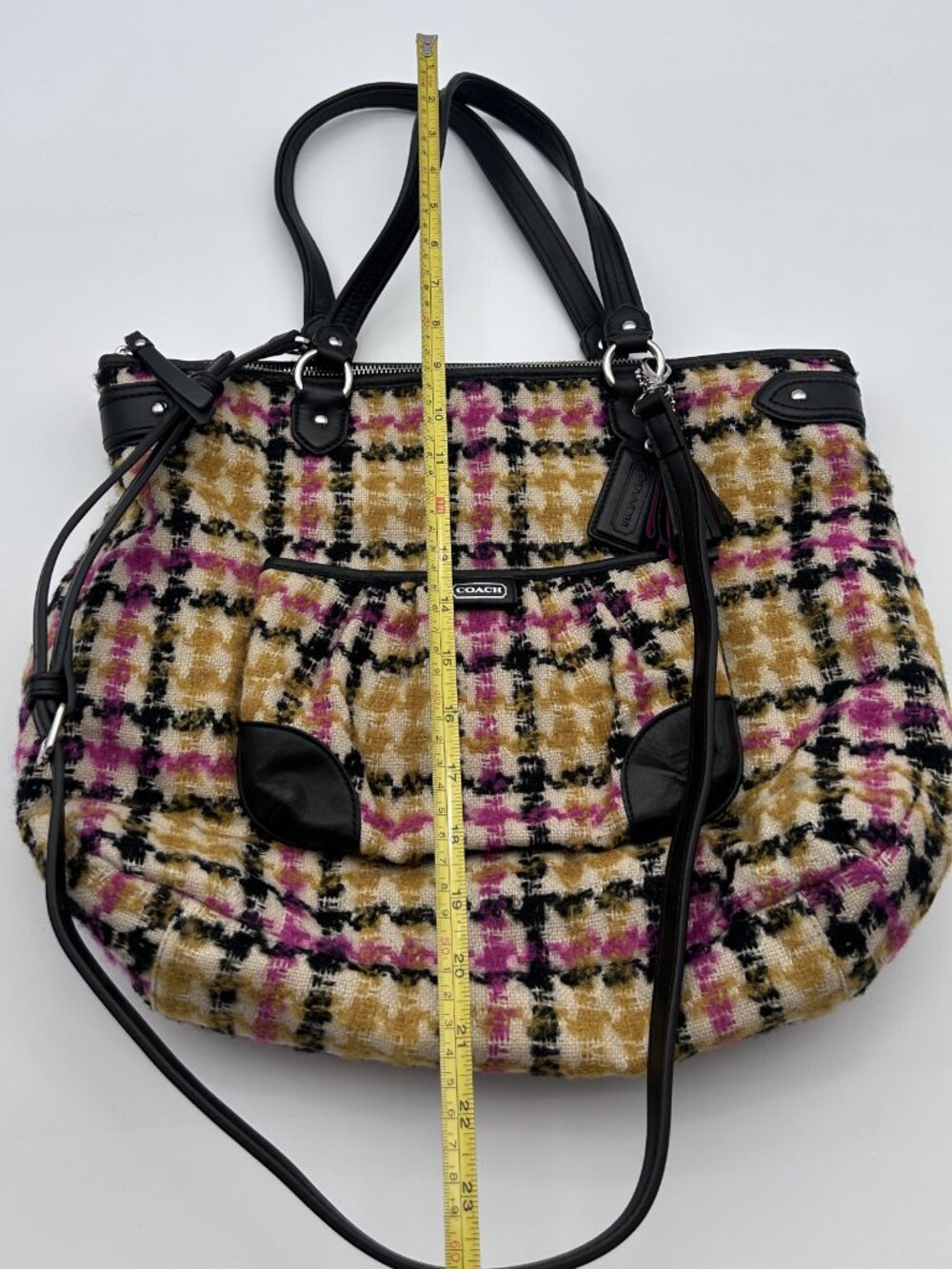 Coach Ashley Plaid Wool Carryall Satchel Bag Pink Yellow Houndstooth 14845 - Picture 9 of 13